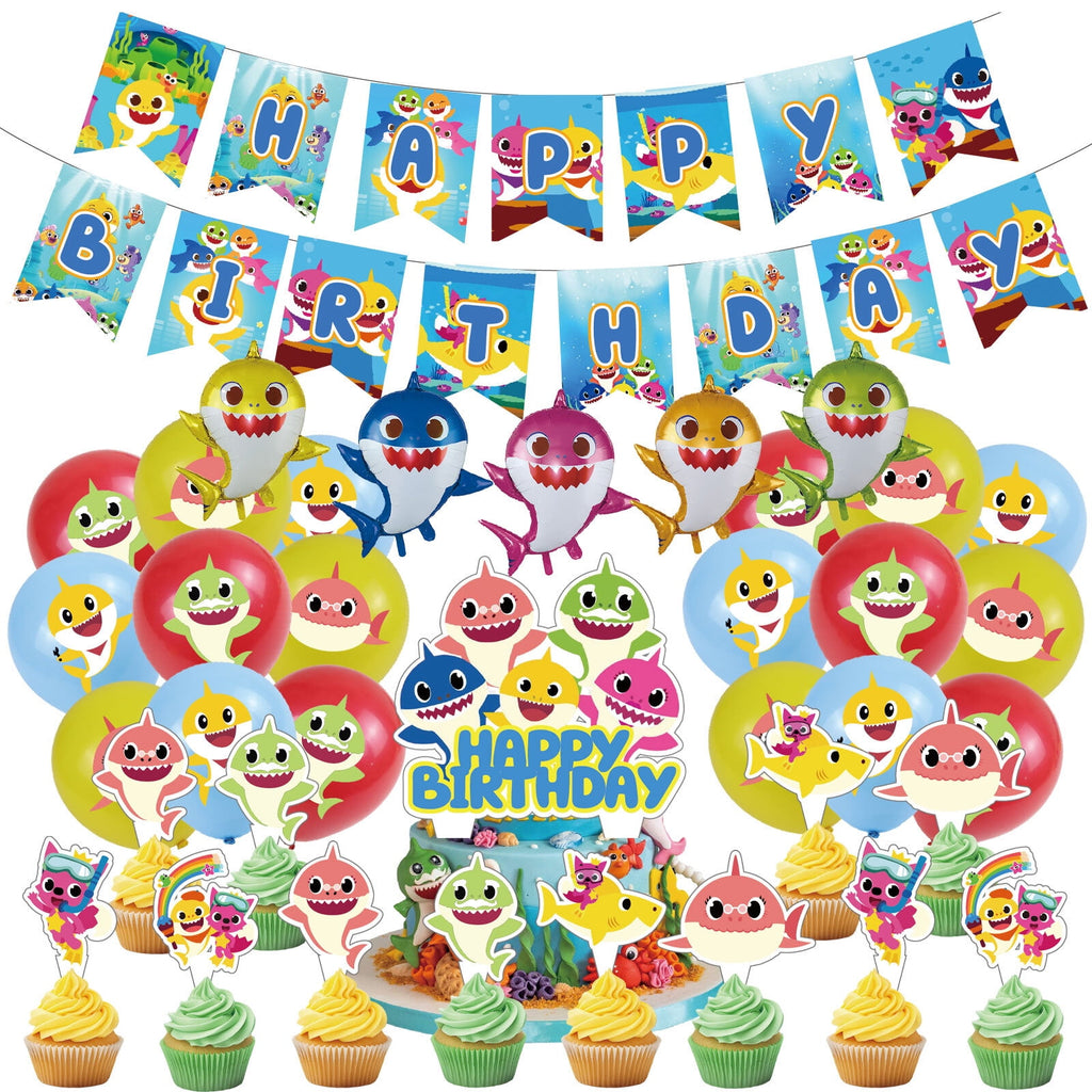 37-Pcs For Baby Cartoon For Shark-Themed Party Decoration Set – Includes Banner, Cake Topper, 12 Cupcake Toppers, 5 Aluminum film balloons, and 18 Balloons for Festive Celebrations