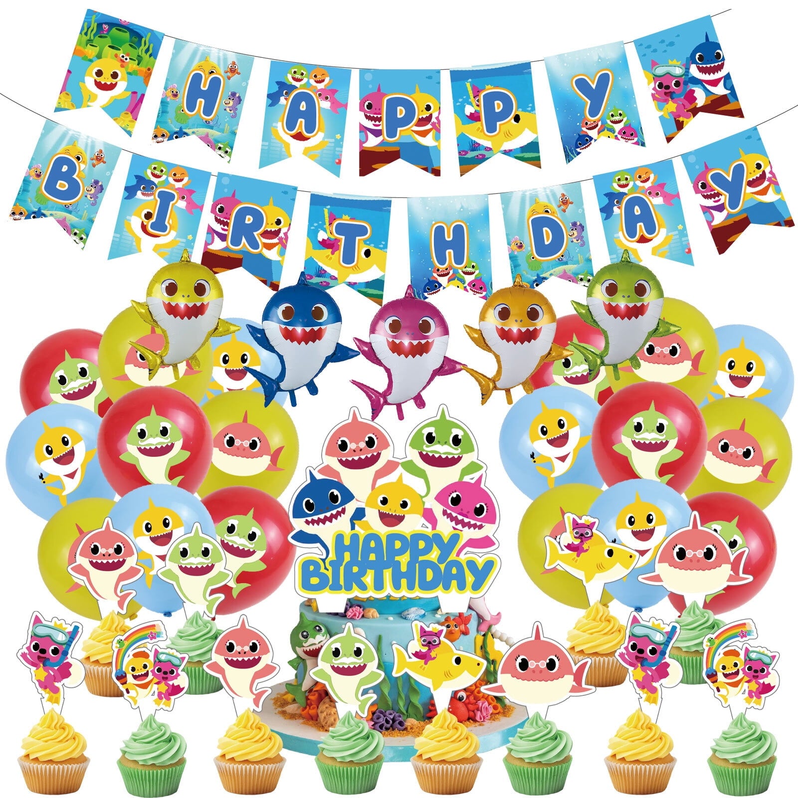 37-Pcs For Baby Cartoon For Shark-Themed Party Decoration Set – Includes Banner, Cake Topper, 12 Cupcake Toppers, 5 Aluminum film balloons, and 18 Balloons for Festive Celebrations