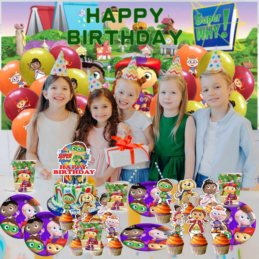 Super Why Party Supplies Balloons Tableware Birthday Decorations Plates Banner Cake Topper Backdrop