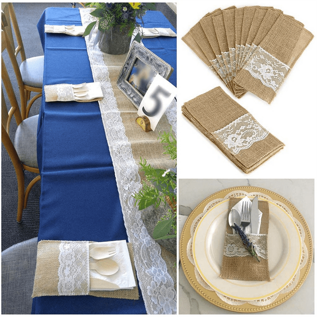 225Pcs Burlap Lace Cutlery Pouch Rustic Wedding Tableware Knife Fork Holder Bag Hessian Table Decoration,225 * Sack Bag,yellow-brown