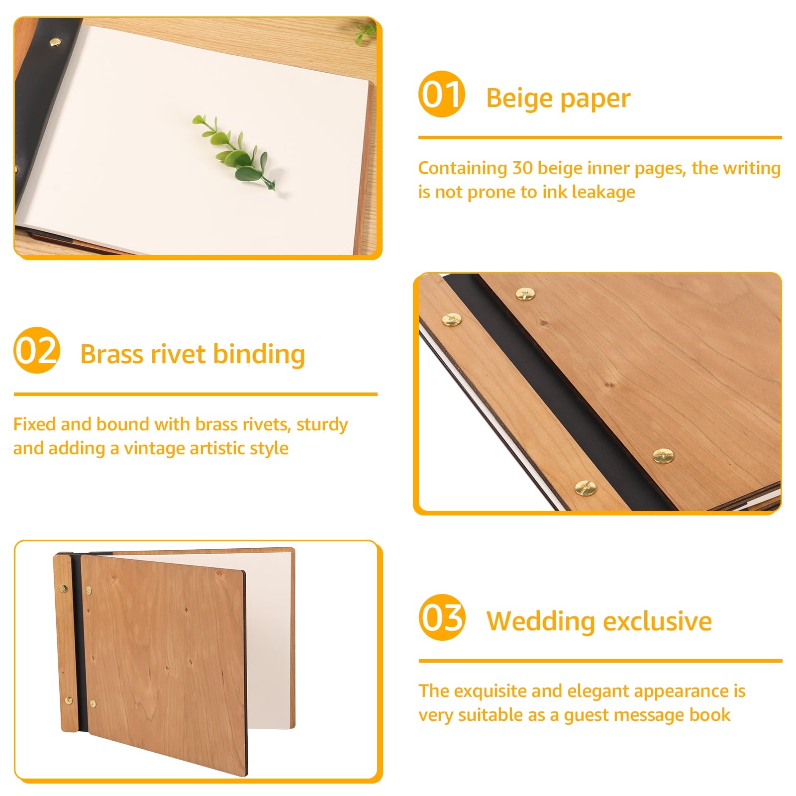 Threns Wedding Guest Book Wooden Vintage Wedding Sign Book Registry Guestbook with 30 Pages for Anniversary Memorial Occasions