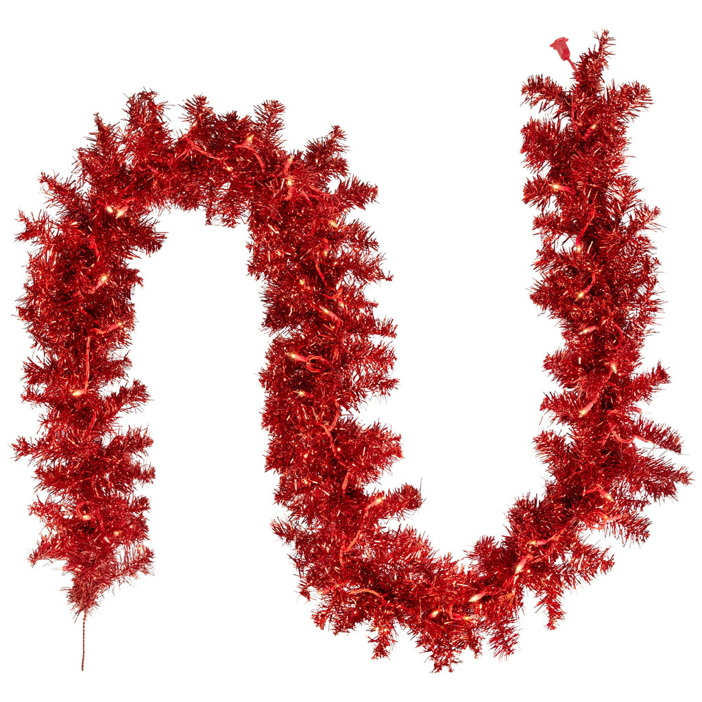 Northlight Pre-Lit Tinsel Artificial Christmas Garland - 9' x 8" - Red - Clear Lights