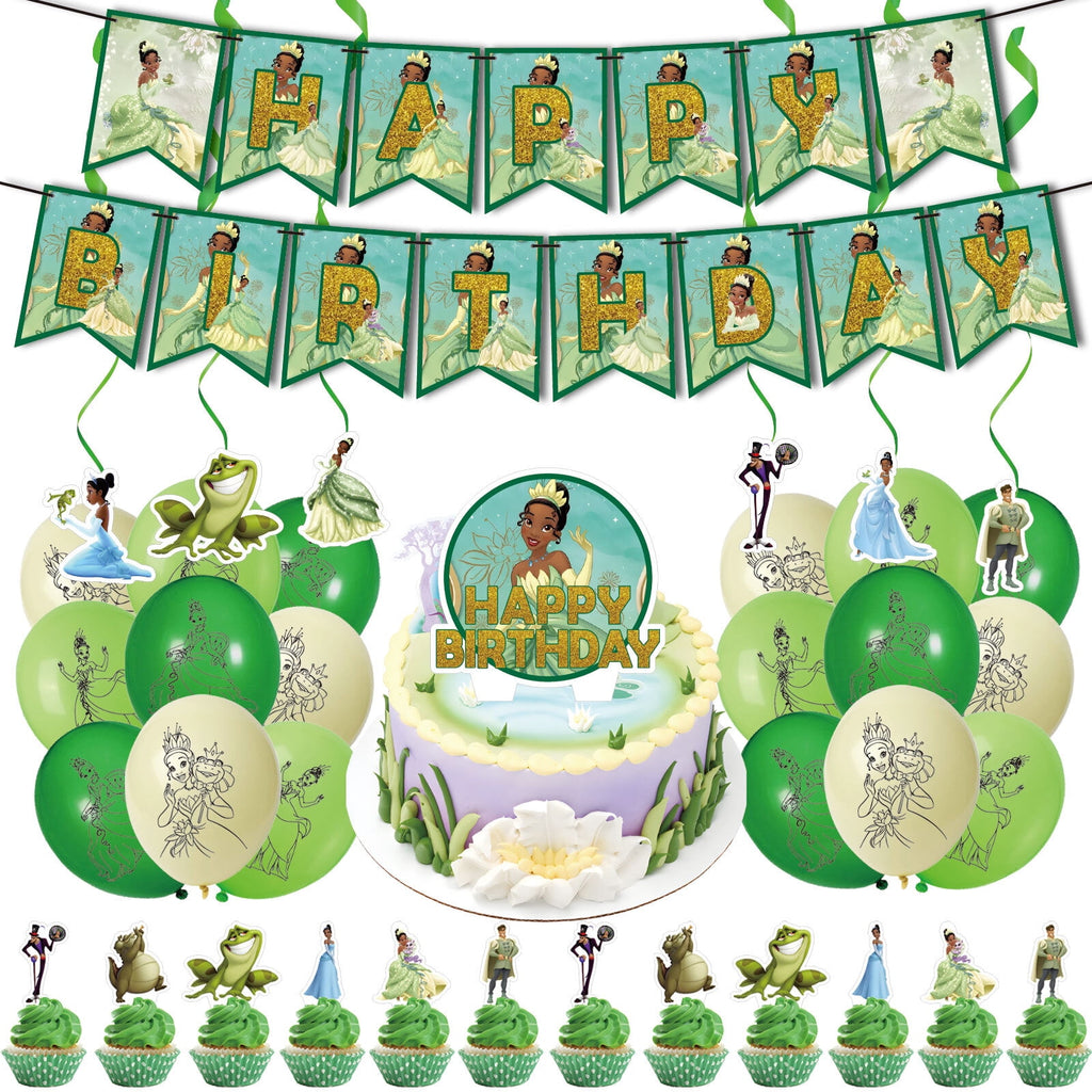 38PCS For Princess and The Frog Birthday Party Decorations,With 1 Happy Birthday Banner Garland,6 Hanging Swirls,13 Cupcake Toppers,18 Balloons for Party Supplies