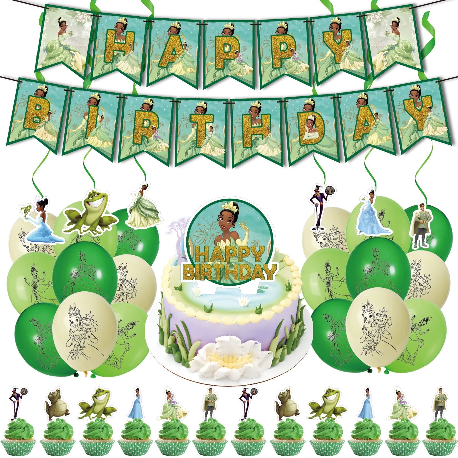 38PCS For Princess and The Frog Birthday Party Decorations,With 1 Happy Birthday Banner Garland,6 Hanging Swirls,13 Cupcake Toppers,18 Balloons for Party Supplies