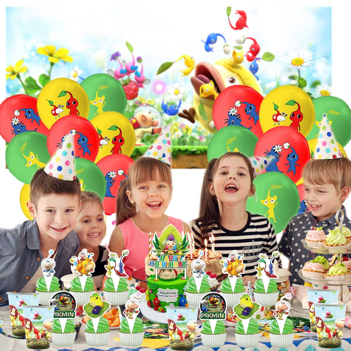 Pikmin Party Supplies Balloons Tableware Birthday Decorations Plates Banner Cake Topper Backdrop