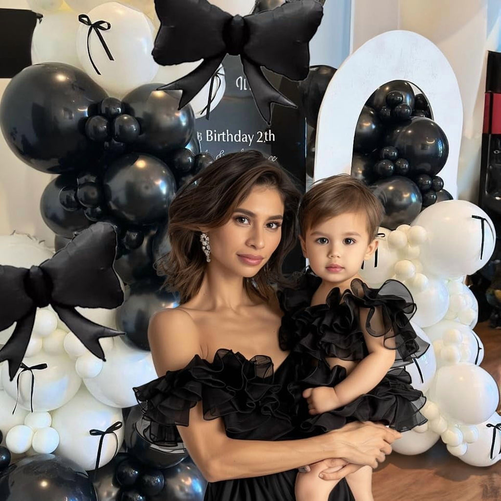 Black Bow Birthday Party Decorations 122pcs black Ivory White Double Stuffed Pearl White Balloons with Black Bow Foil Balloons for Girl Coquette Birthday Wedding Bridal Party Decorations