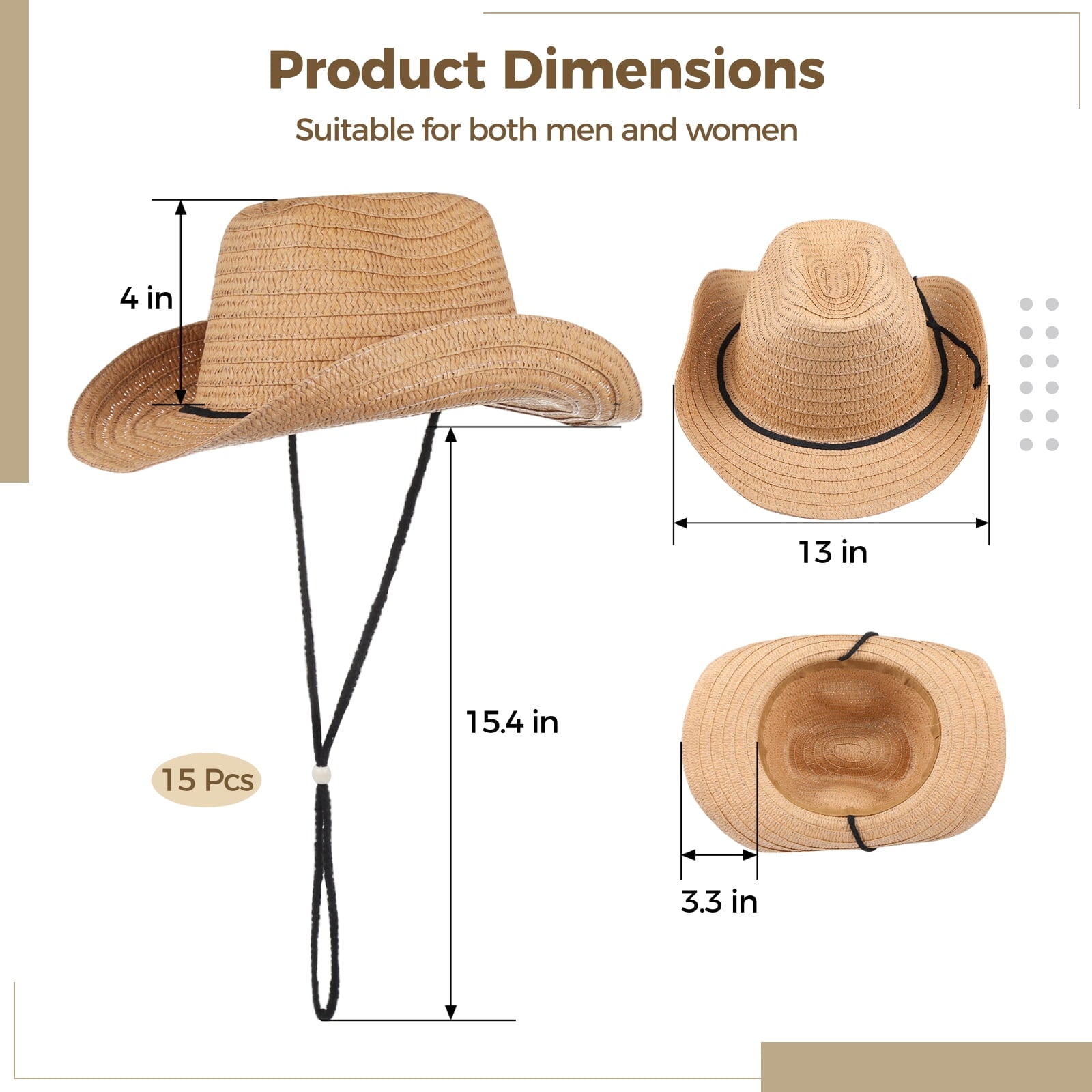 15 Pcs Straw Cowboy Hats, Western Wide Brim Hats for Men & Women, Unisex Cowgirl Hats, Sun Hats with Adjustable Chin Strap for Outdoor Activities, Themed Parties