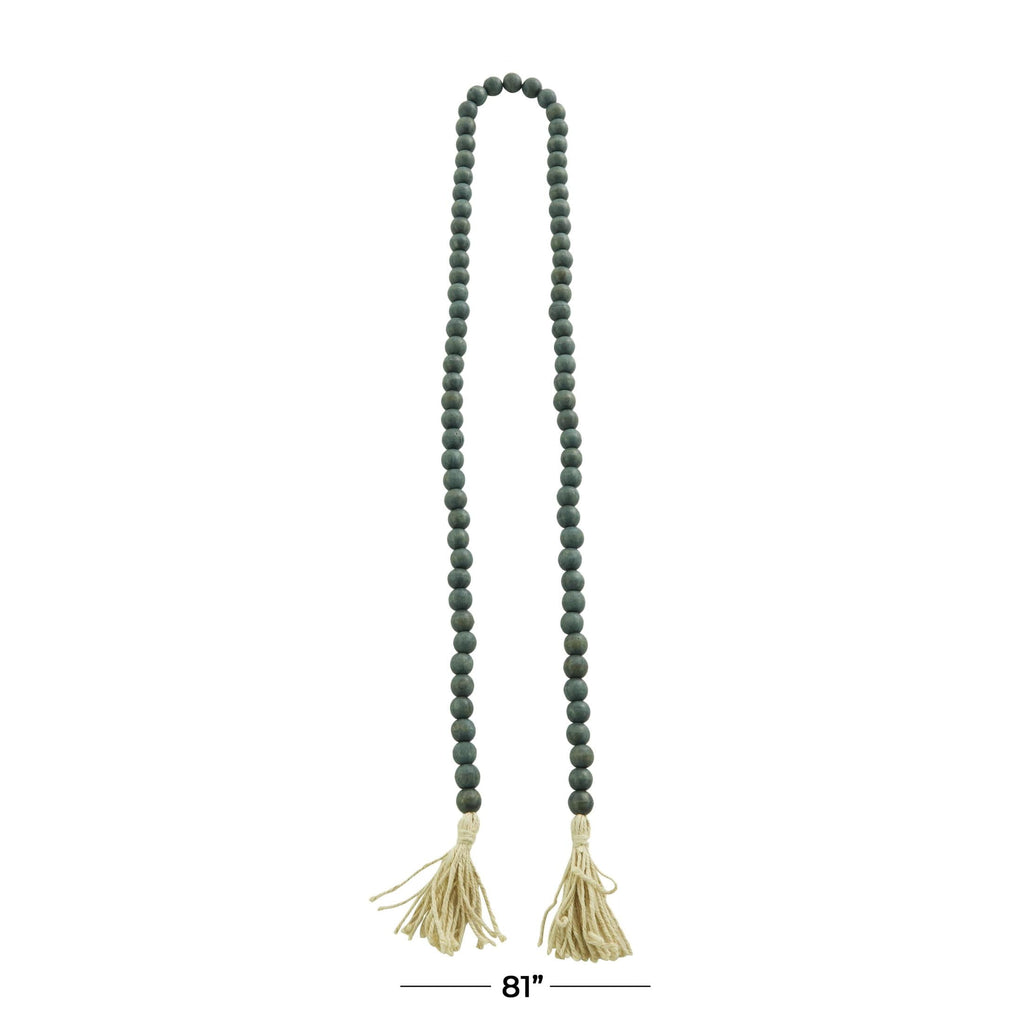 DecMode Green Wood Bohemian Garland Décor with Geometric Bead Details and Cream Cotton Tassel, 81"L