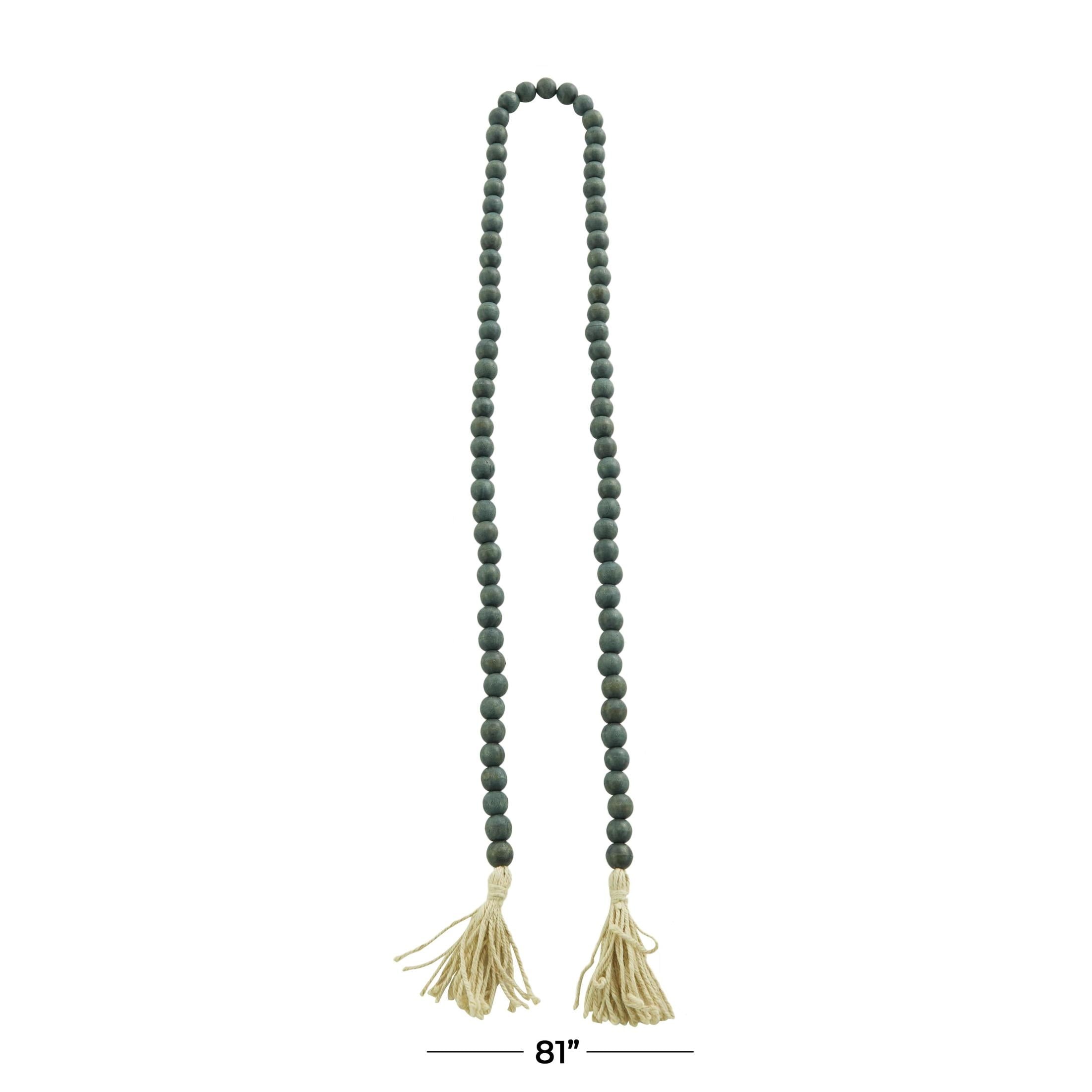 DecMode Green Wood Bohemian Garland Décor with Geometric Bead Details and Cream Cotton Tassel, 81"L