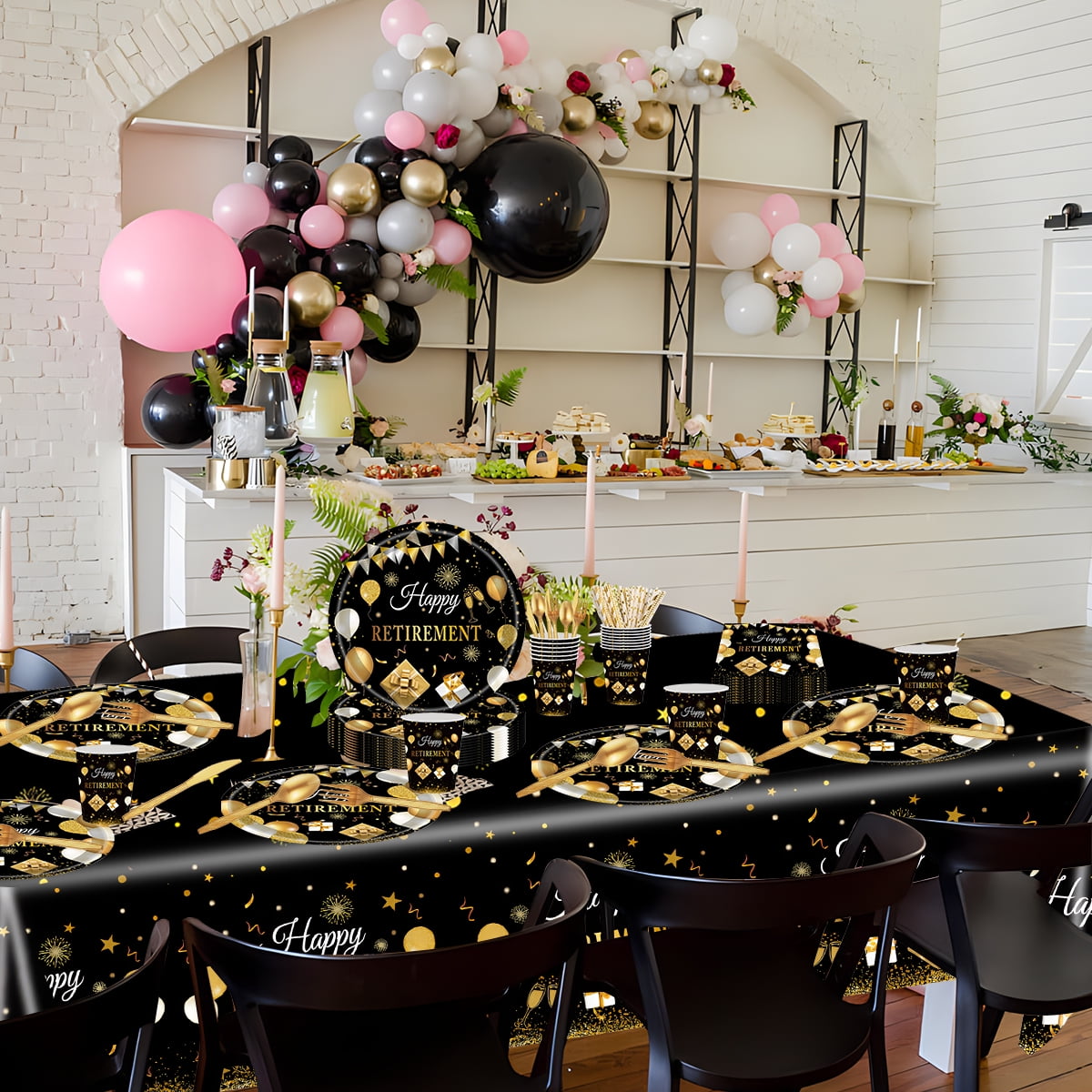 Retirement Paper Plates and Napkins Disposable Dinnerware Retirement Party Supplies Retirement Tableware Set for 16 guests Black Gold