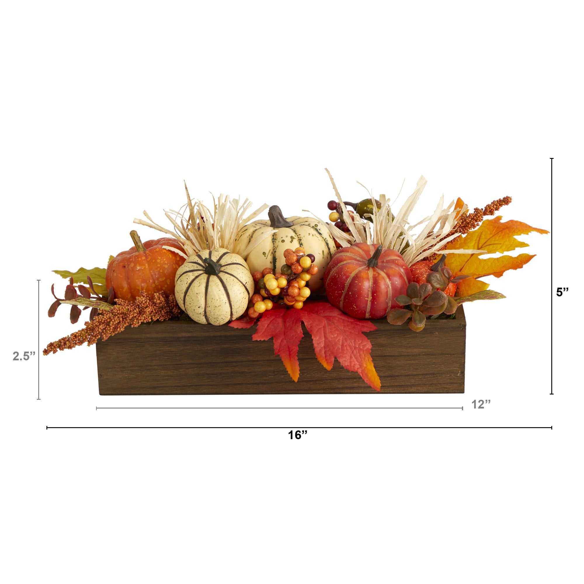 Nearly Natural 16" Harvest Pumpkin and Berries Artificial Flowers Arrangement in Wood Vase, Orange