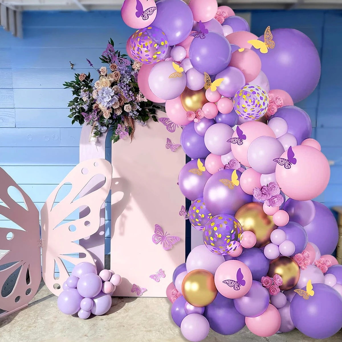 108PC Purple Powder Gold Feast! Balloon Butterfly Combination+Inflator, Full of Party Atmosphere, Full of Girl's Heart