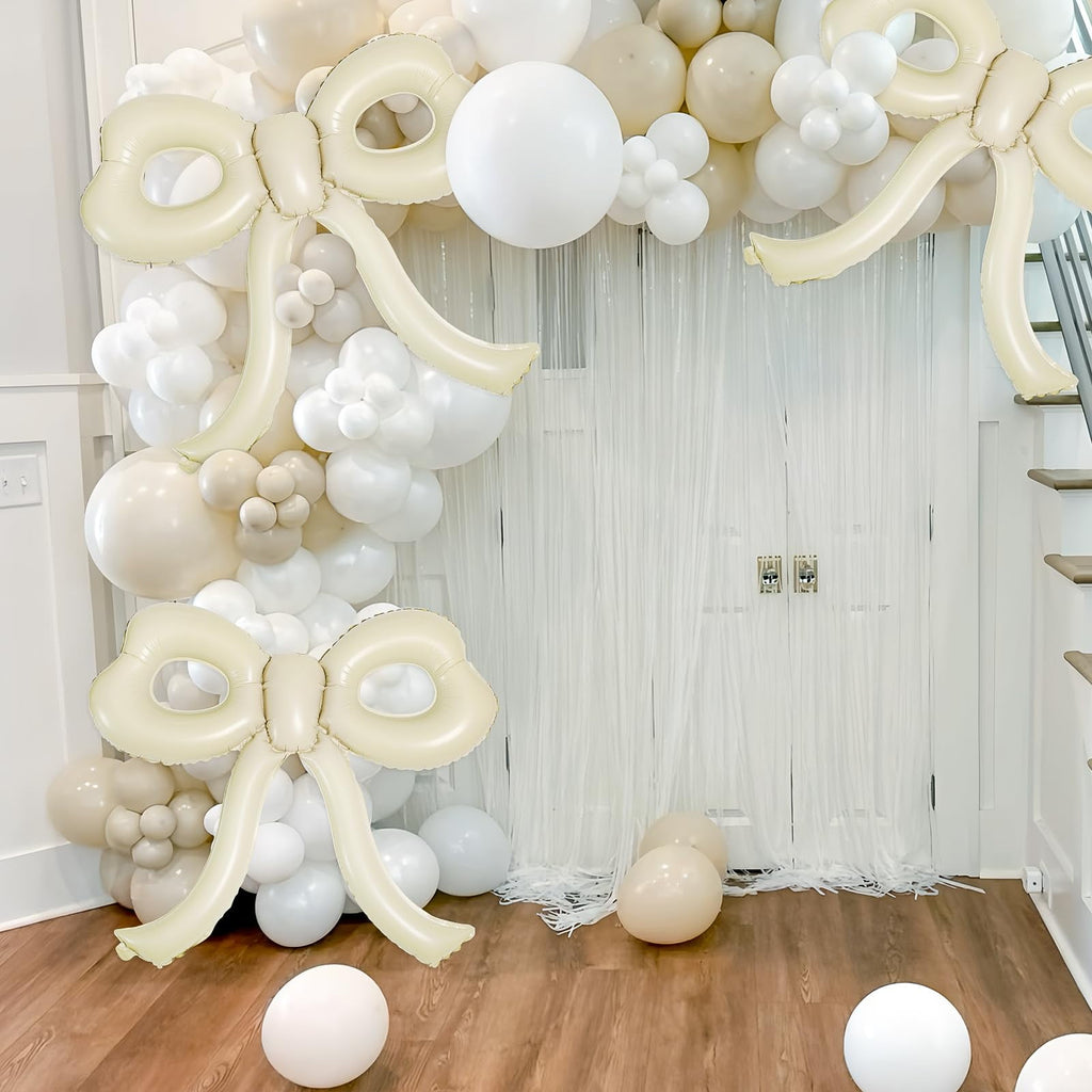 Bow Themed Party Decorations 4 Pack, Large 30x28 Inch Cream Foil Balloons with Ribbon for s Women Birthday Wedding Shower, Beige