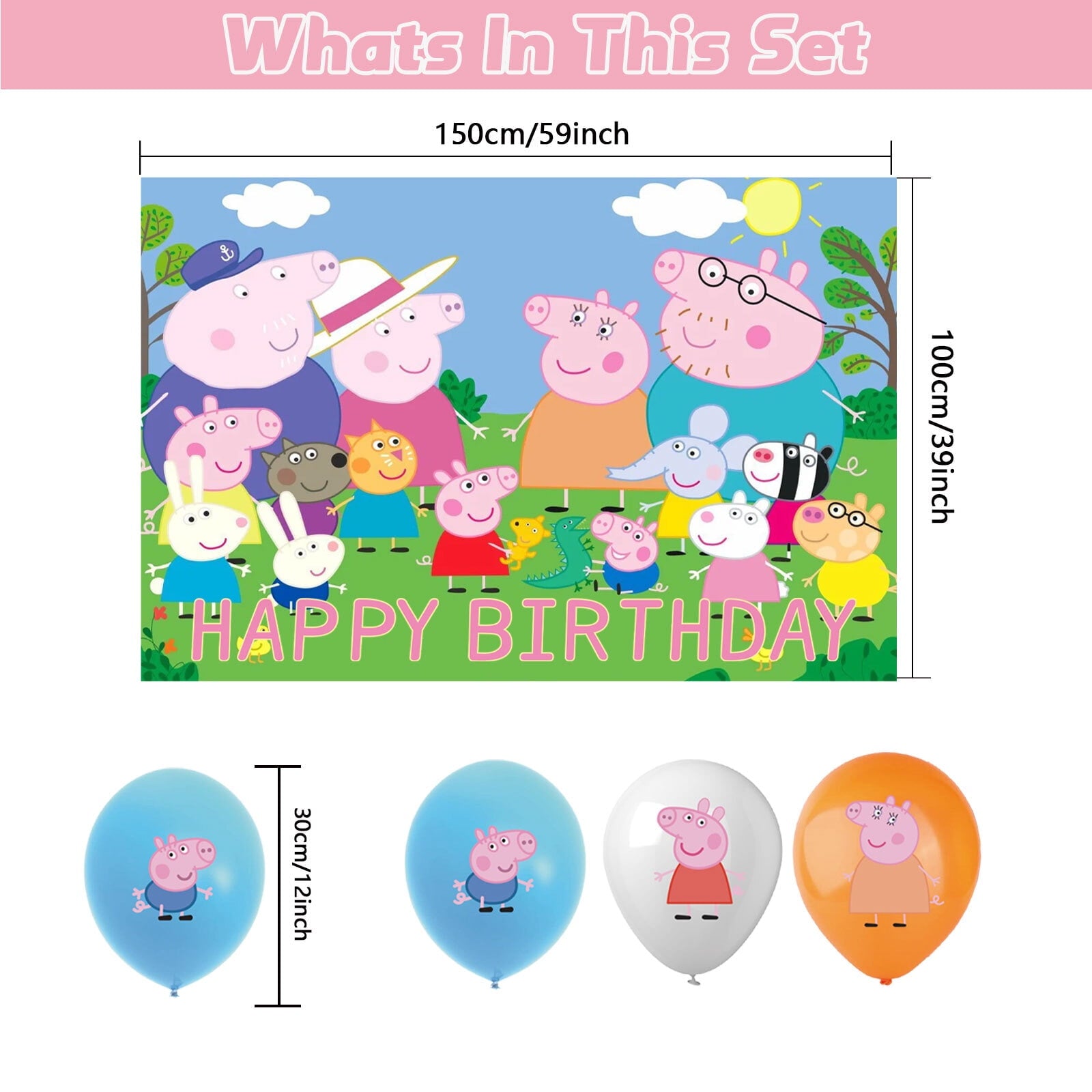 32-Pcs For Peppa Cartoon For Pig-Themed Party Decoration Set – Includes Backdrop, Cake Topper, 12 Cupcake Toppers, and 18 Balloons for Festive Celebrations