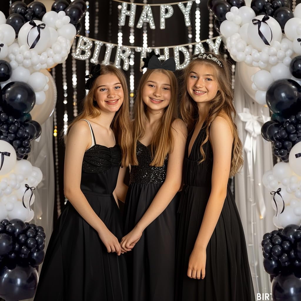 Black Bow Birthday Party Decorations 122pcs black Ivory White Double Stuffed Pearl White Balloons with Black Bow Foil Balloons for Girl Coquette Birthday Wedding Bridal Party Decorations