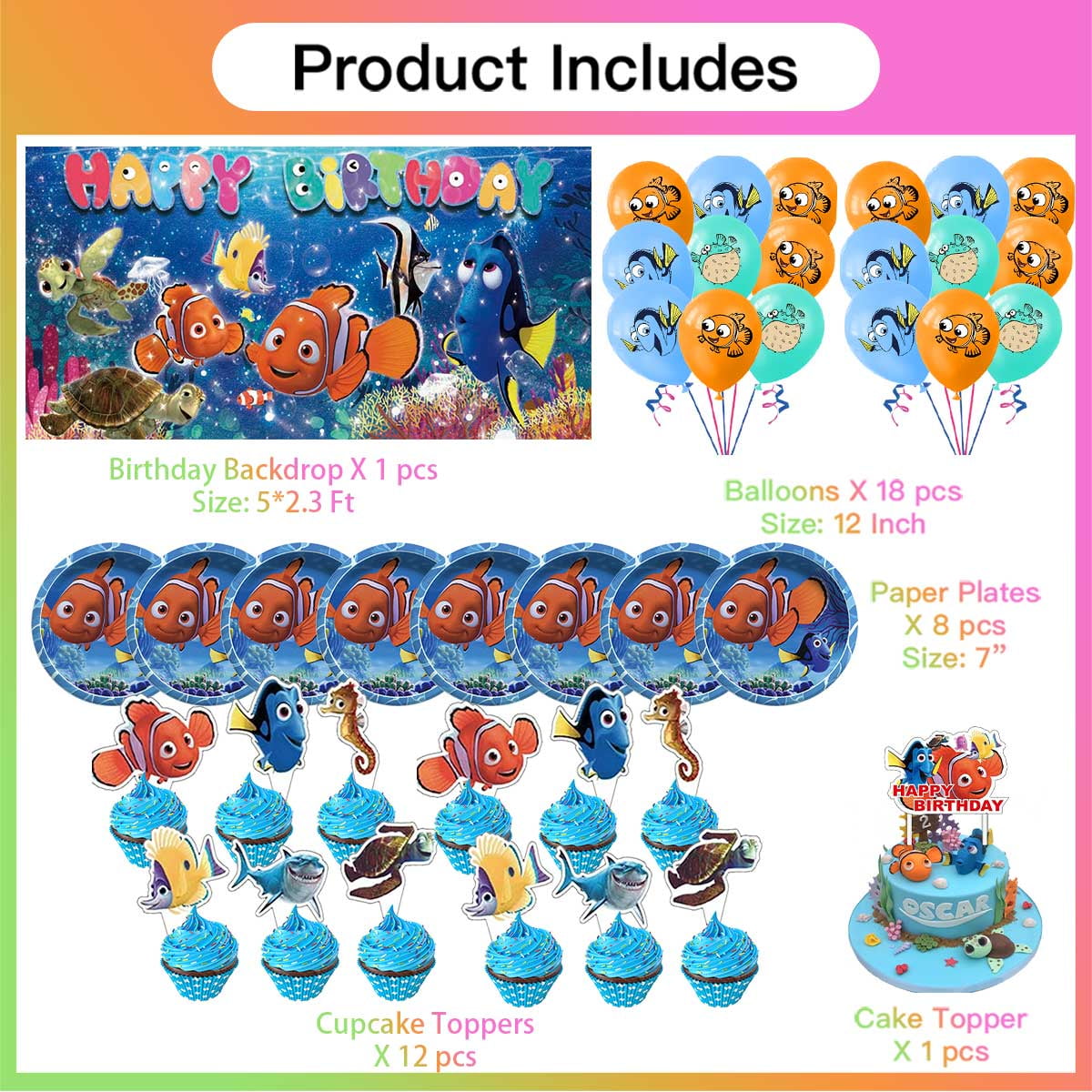 Fingding Nemo Birthday Party Supplies Balloons Plates Decoration Cake Topper Decor Tableware Banner Backdrop