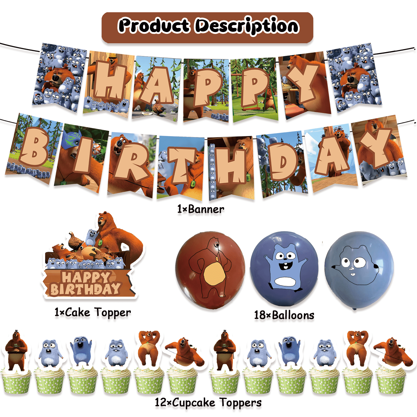32 Pcs For Grizzy and the Lemmings Theme Birthday Party Decorations,With 1 Happy Birthday Banner Garland,13 Cupcake Toppers,18 Balloons for Children Party Decorations