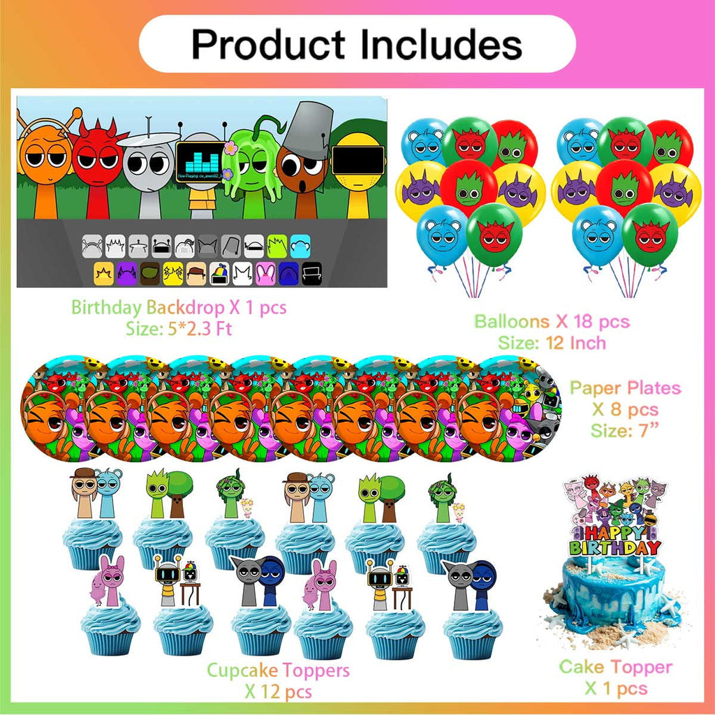 Incredibox Sprunki Birthday Party Supplies Balloons Paper Plates Decoration Cake Topper Decor Tableware Banner Backdrop