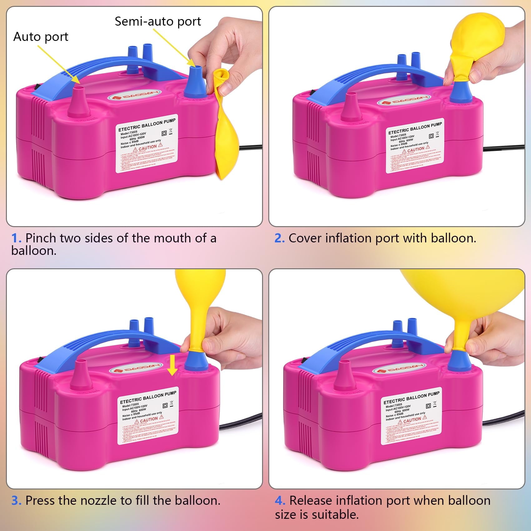 Electric Balloon Inflator Pump by IDAODAN, Dual Nozzle Portable Air Compressor 750L/min 600W for Festive Events Home Decorations, Red Blue