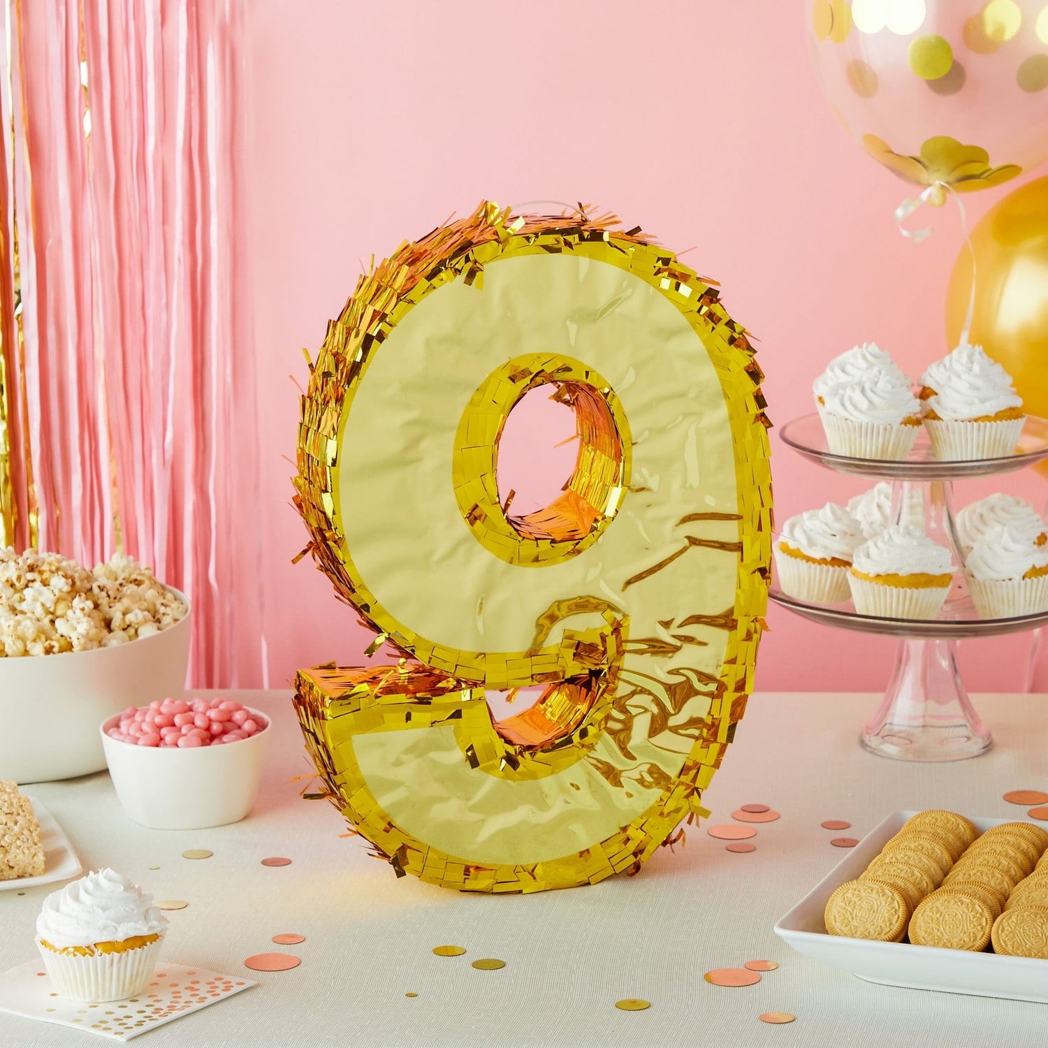Juvale Gold Foil Number 9 Pinata for Kids Ages 3-14 Birthday Party Decorations, Centerpieces, Anniversary Celebrations, Small (15.5 x 11 x 3 In)