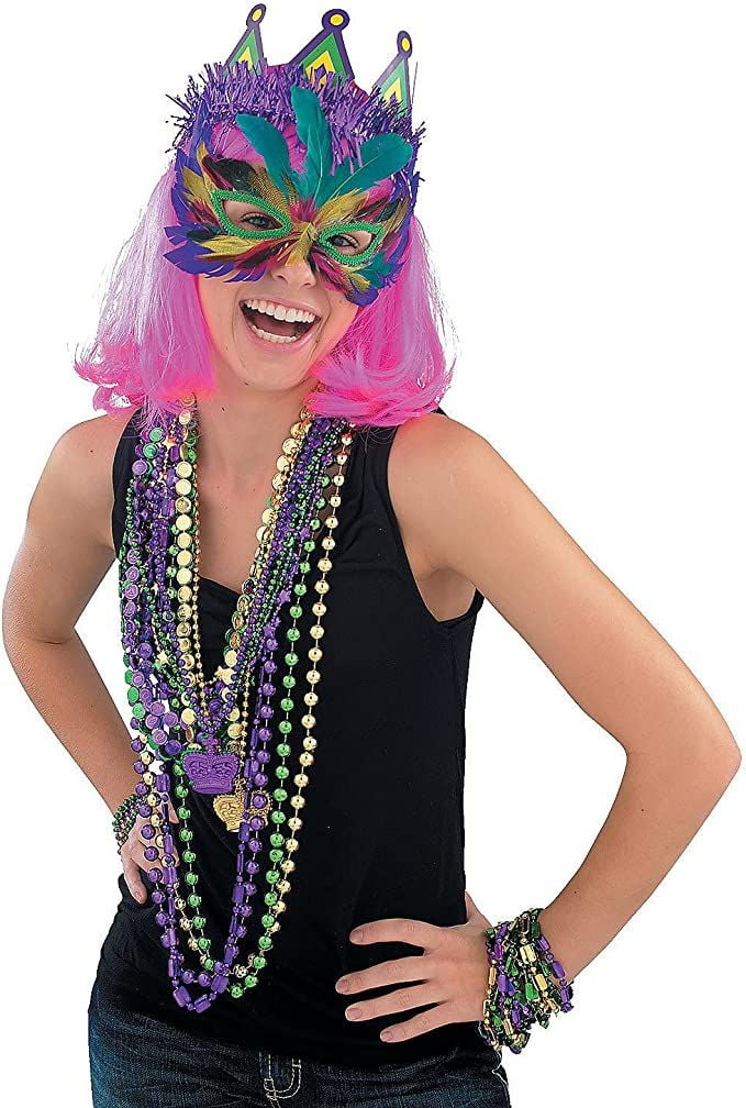 4E's Novelty Bulk 72 Mardi Gras Beads Necklaces Purple Green Gold, 33 Inches, Party Favors