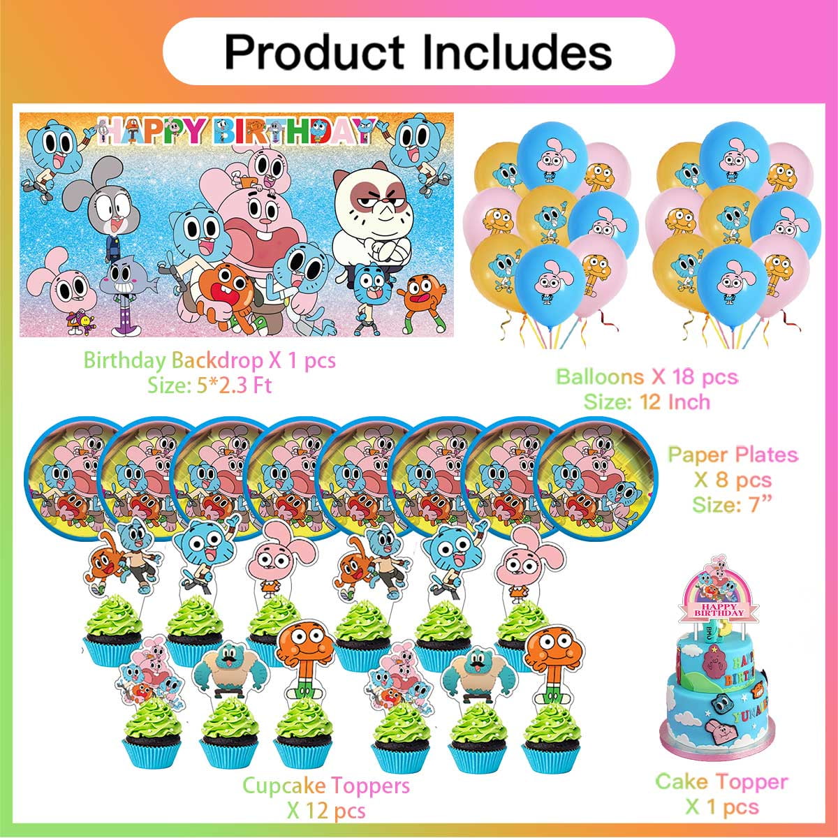 The Amazing World of Gumball Party Supplies Plates Decorations Birthday Cake Topper Banner Decor Backdrop Balloons