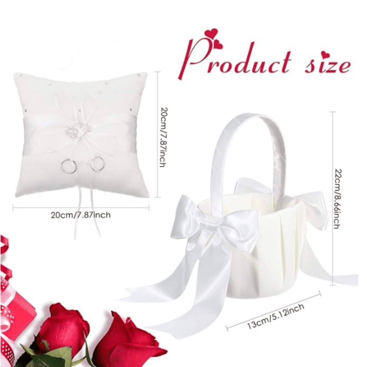 White Flower Girl Basket and Ring Bearer Pillow Set Rhinestones Satin Wedding Ring Pillow Wedding Flower Baskets for Wedding Gift Anniversary Celebrations Party D ration
