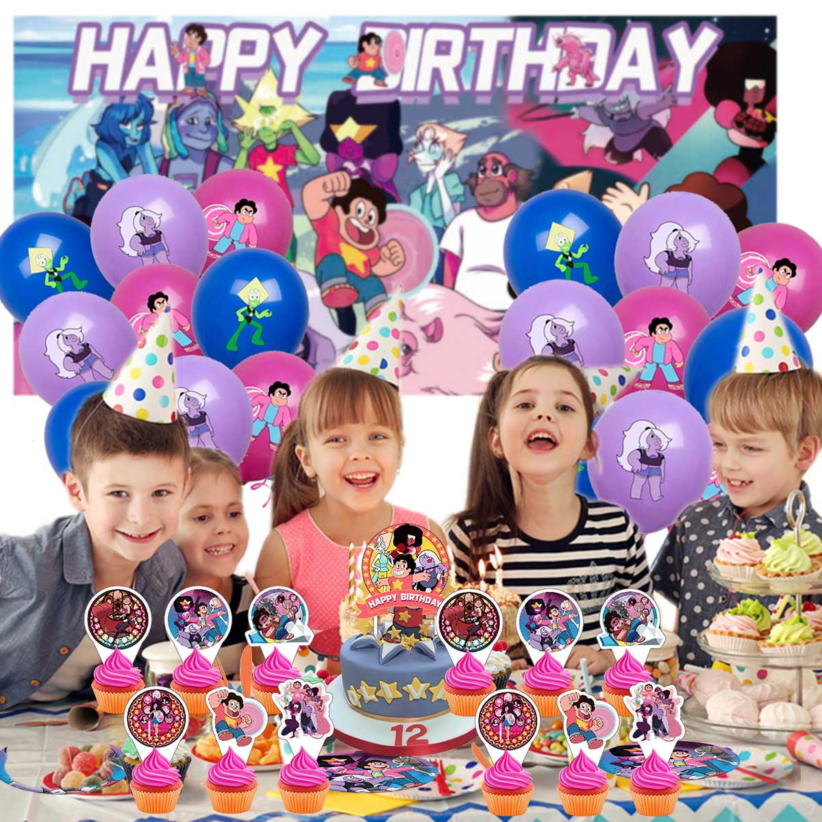 Steven Universe Birthday Party Supplies Balloons Plates Decoration Cake Topper Decor Tableware Banner Backdrop