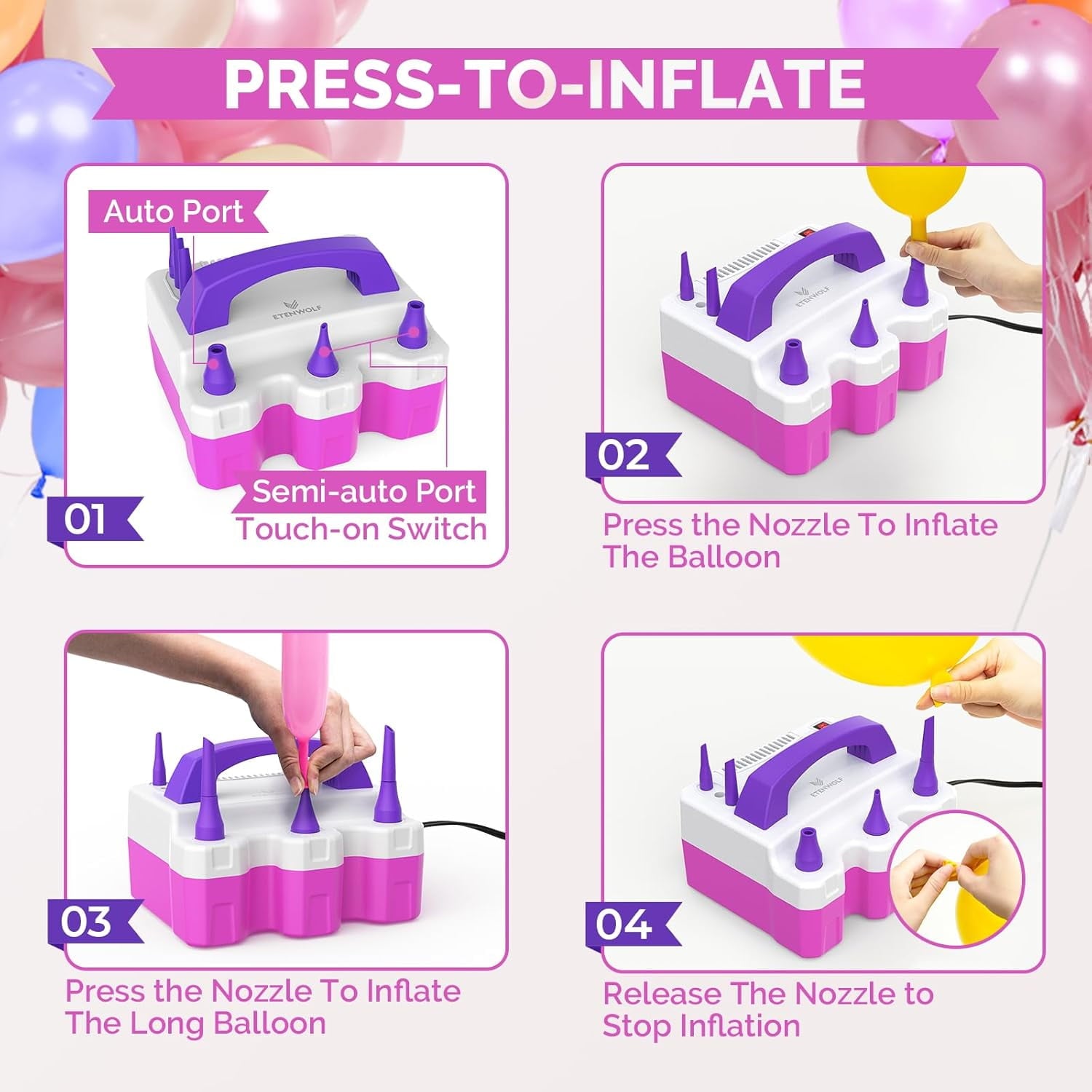 ETENWOLF  Electric Balloon Pump for All Balloons with 3 Nozzles 110V 600W Balloon Blower for Party Metalic Latex 260q Foil Balloons, Balloon Inflator for Birthday Decorations