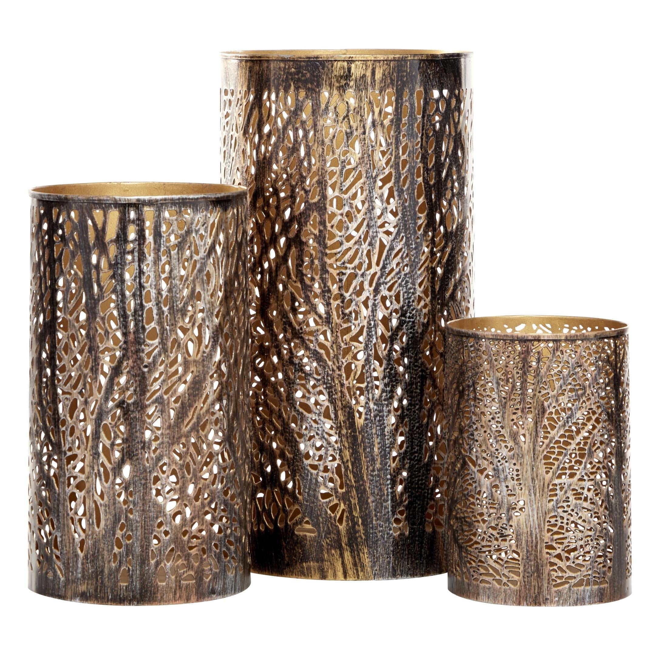 DecMode 3 Holder Bronze Metal Tree Branch Cutout Candle Lantern with Gold Interior, Set of 3