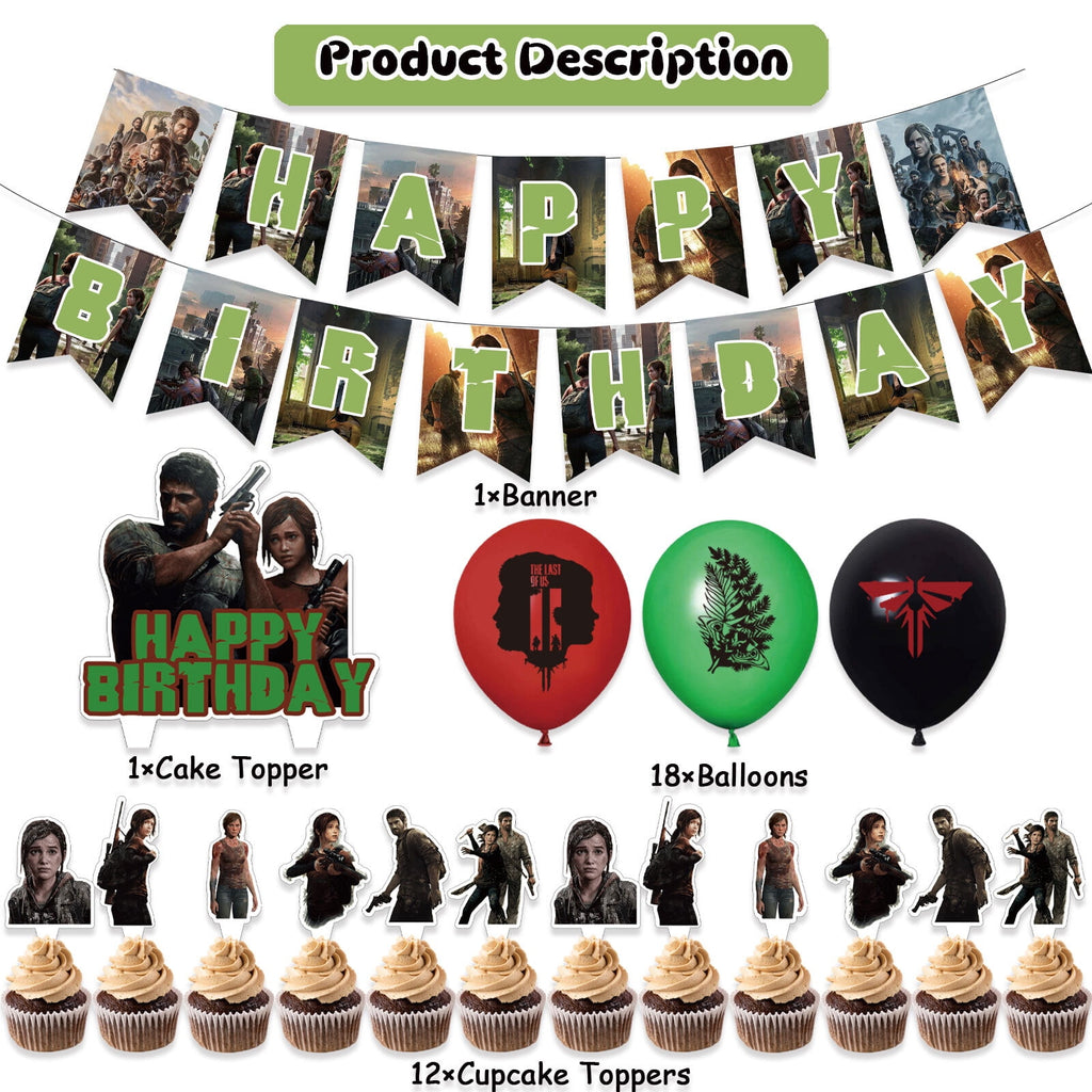 32 Pcs For The Last of Us Theme Birthday Party Decorations,With 1 Happy Birthday Banner Garland,13 Cupcake Toppers,18 Balloons for Party Decorations