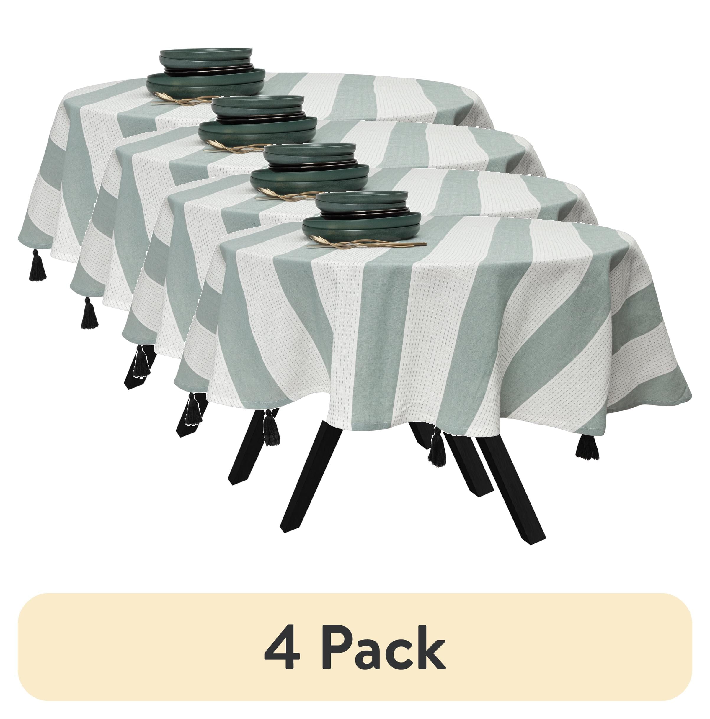 (4 pack) Thyme & Table 70" Round Tablecloth, Green and White with Black Tassels
