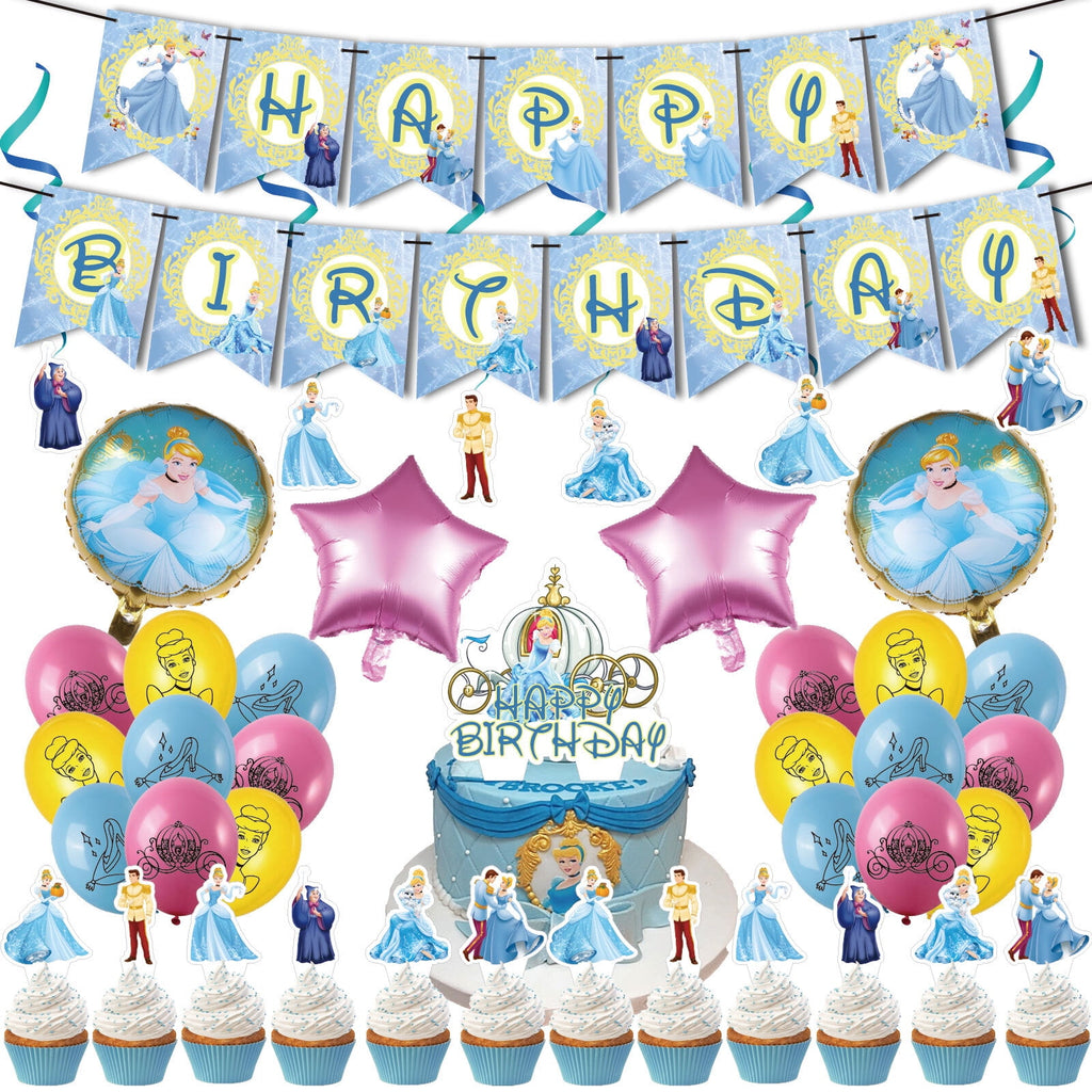 40PCS For Cinderella Birthday Party Decorations,With 1 Happy Birthday Banner Garland,2 Foil Balloons,6 Hanging Swirls,13 Cupcake Toppers,18 Balloons for Party Supplies