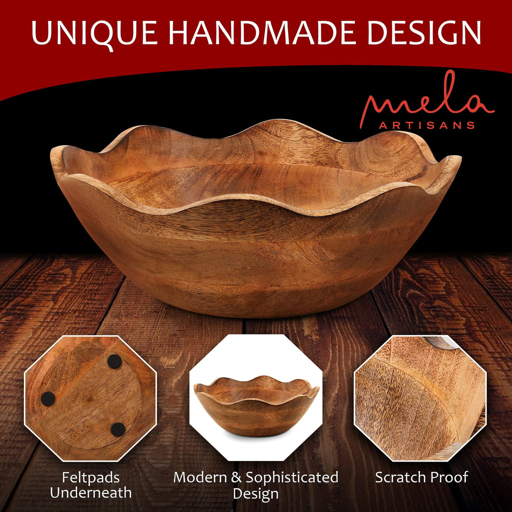 Mela Artisans Wooden Scalloped Bowl, Rustic Ruffle Decorative Bowl, Brown, Large