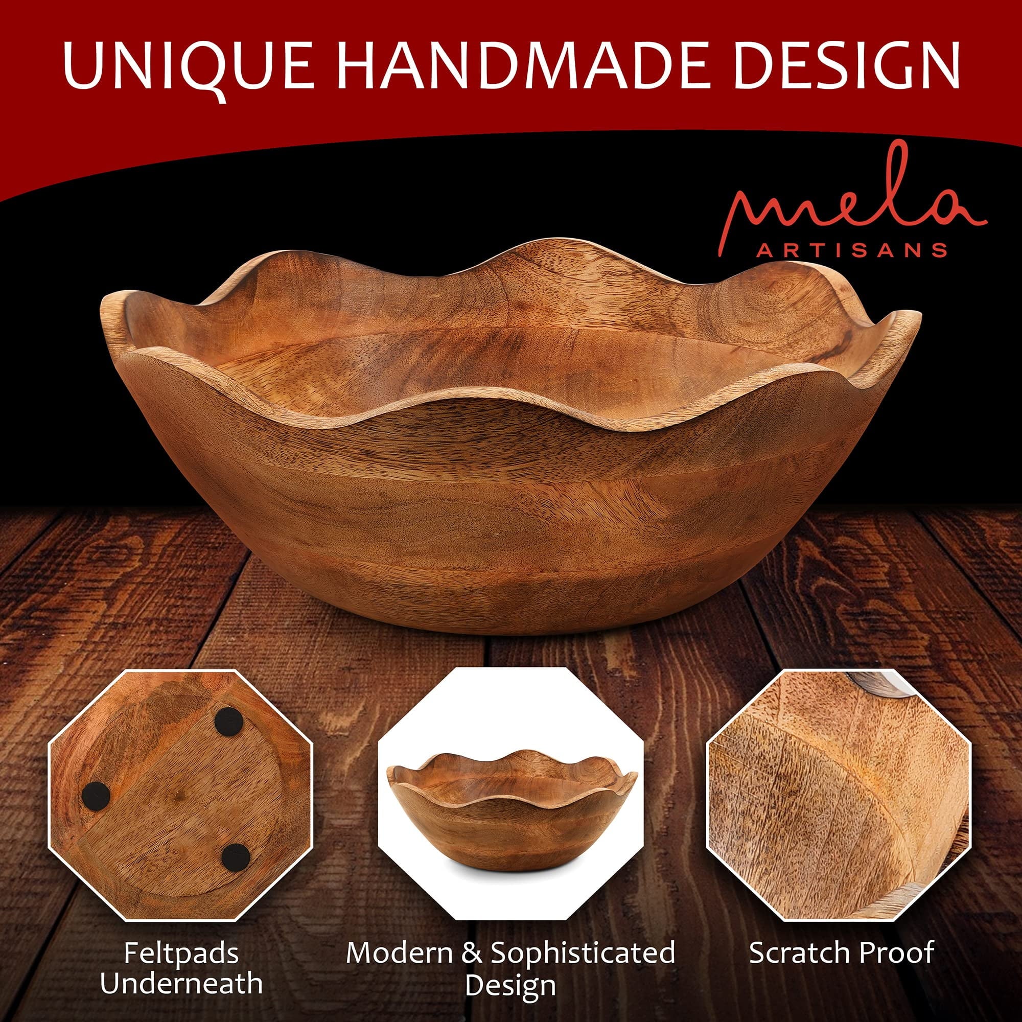 Mela Artisans Wooden Scalloped Bowl, Rustic Ruffle Decorative Bowl, Brown, Large