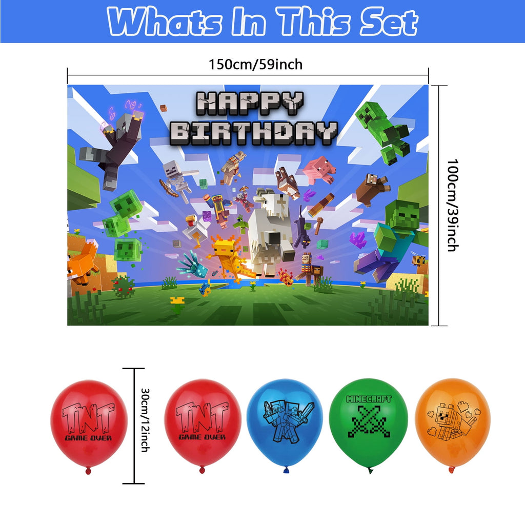 50-Pcs For Minecraft Cartoon-Themed Party Decoration Set – Includes Backdrop, Cake Topper, 24 Cupcake Toppers, and 24 Balloons for Festive Celebrations