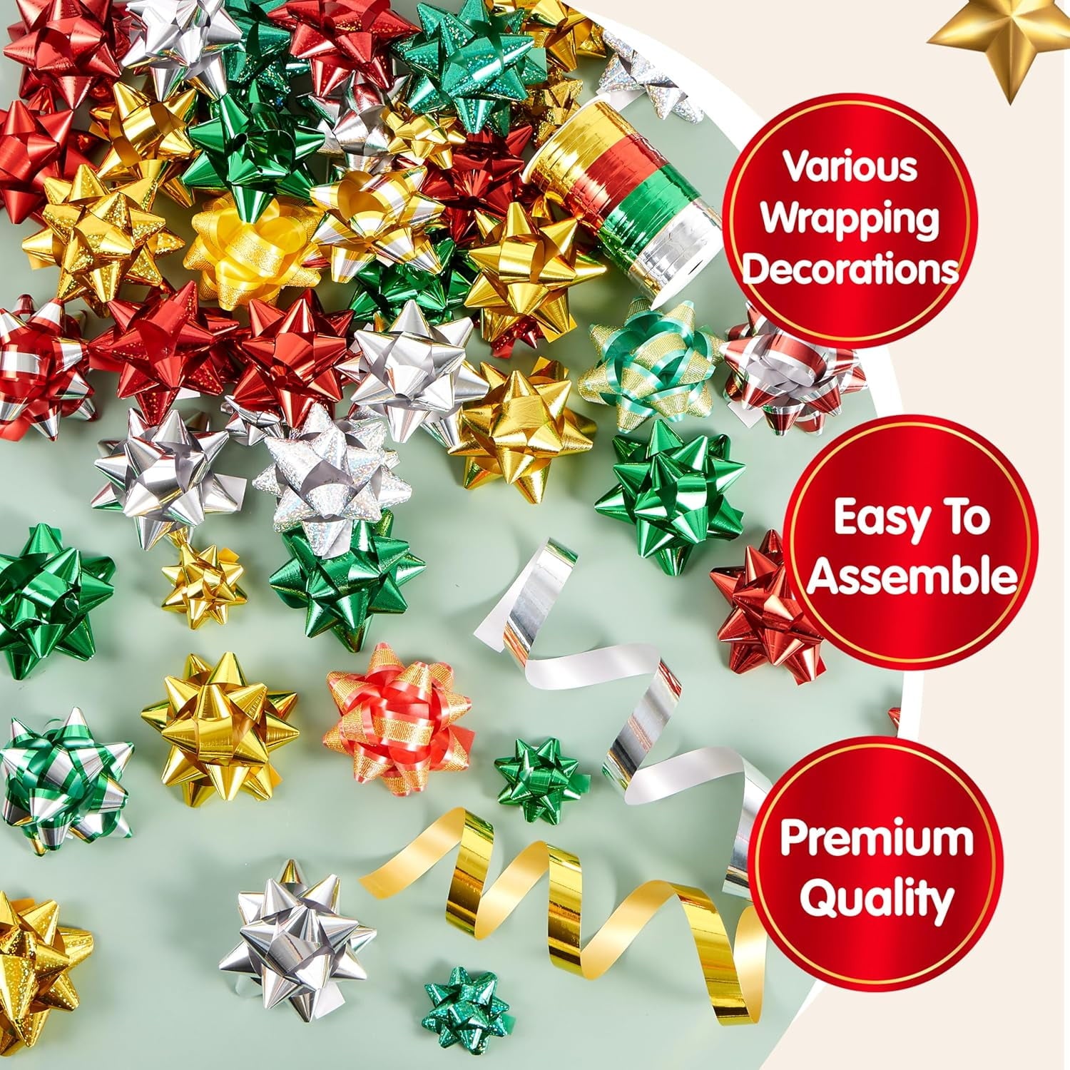 54 PCS GIFT Bows and Gift ribbons with 46 Multi-Colored Assorted Size Self Adhesive Gift Bows and 8 Rolls of Curling Ribbons for Gift, Present Wrapping Decoration Gold, Green, Red, Silver 1 count