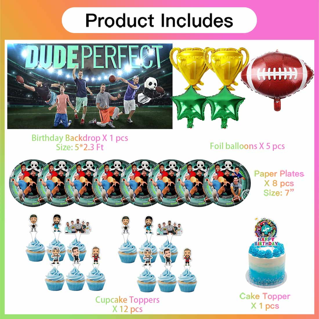 Dude Perfect Party Supplies Decor Tableware Backdrop Banner Cake Topper Balloons Birthday Decorations