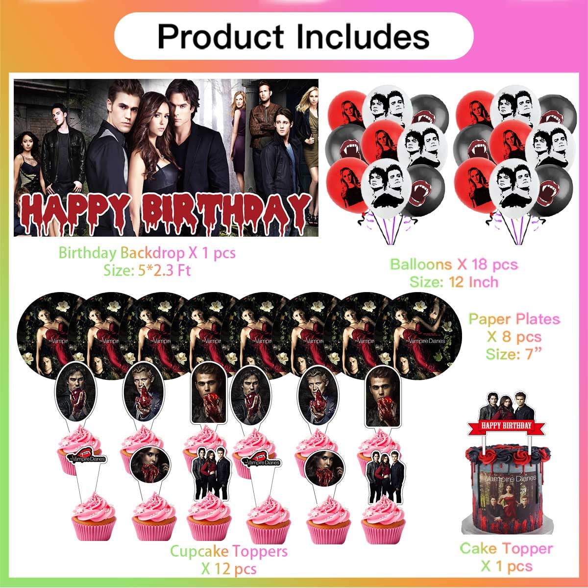 The Vampire Diaries Balloons Supplies Party Decor Plates Decorations Banner Cake Topper Tableware Banner Backdrop
