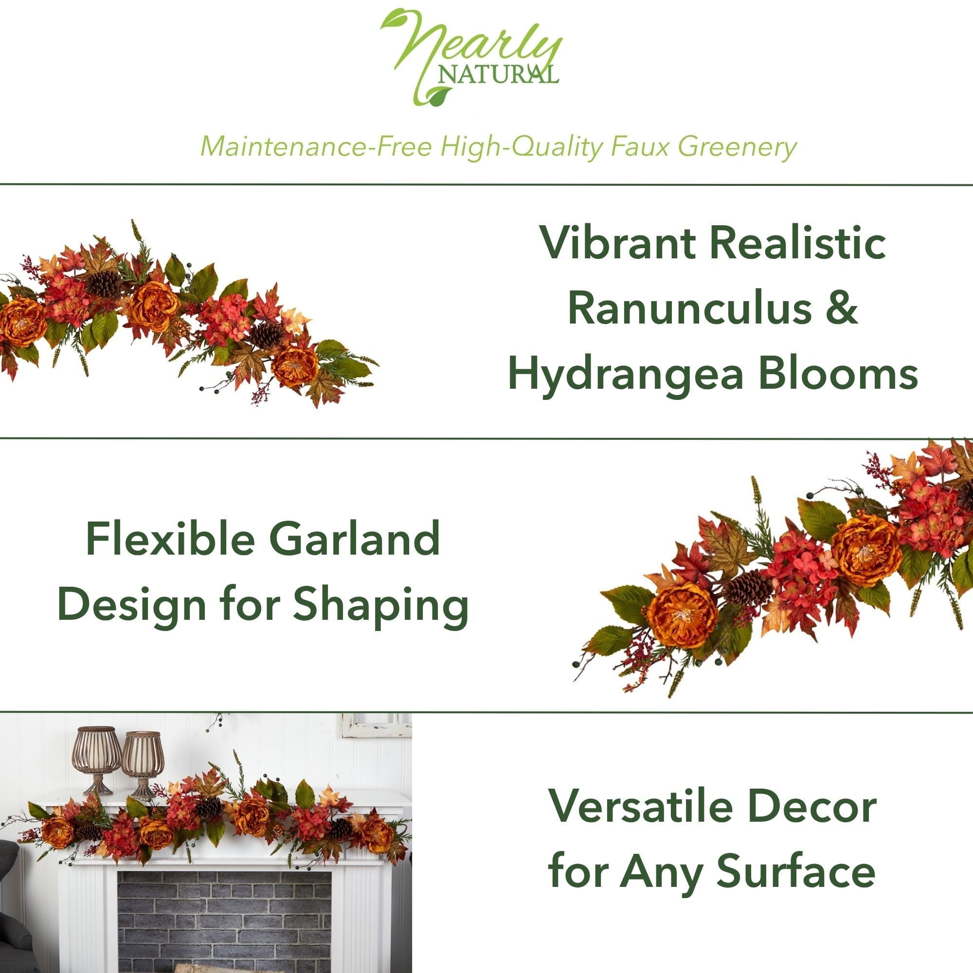 Nearly Natural Unlit Ranunculus Hydrangea Autumn Artificial Garland, 72" (Orange)