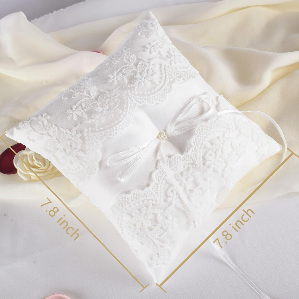 Lace Pearl Wedding Ring Pillow, Ivory Ring Bearer Cushion for Bride Groom Ceremony, Matte Satin with Back Holder Ribbon, White
