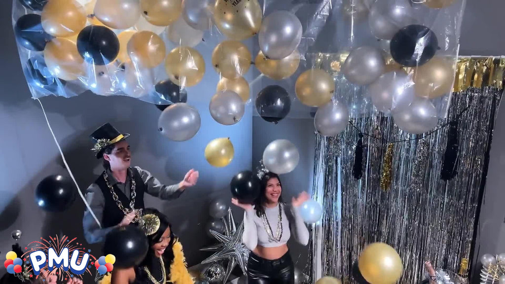 PMU New Year's Eve Party Balloon Drop Kit (100 - 5in or 50 - 9in Balloons with Hand Pump) Black and Gold Assortment 2025 New Year Celebration Accessories (41377-00103-905152-72580) Pkg/1