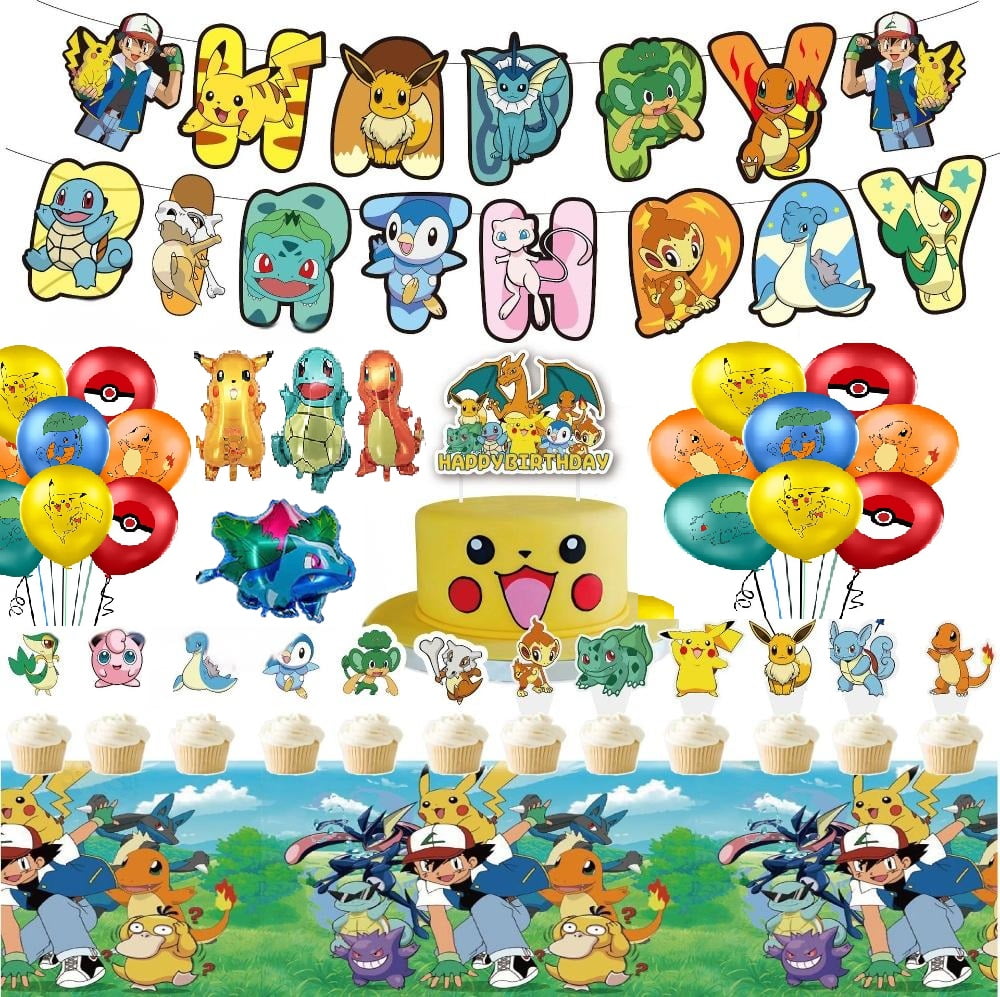 45 Piece Cartoon Birthday Decorations, Pokemon Party Supplies for Boys Girls Includedbirthday banner, latex balloons, large cake insert for Happy Birthday Party Decorations Supplies