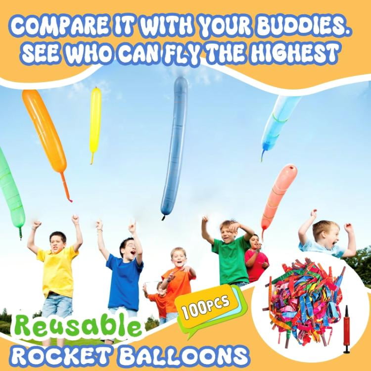 [100 Pack] Rocket Balloons Plus 1 Easy-To-Use Pump - Party Pack, No Need for A Refill - Watch Each Screaming Balloon Rocket to the Sky!