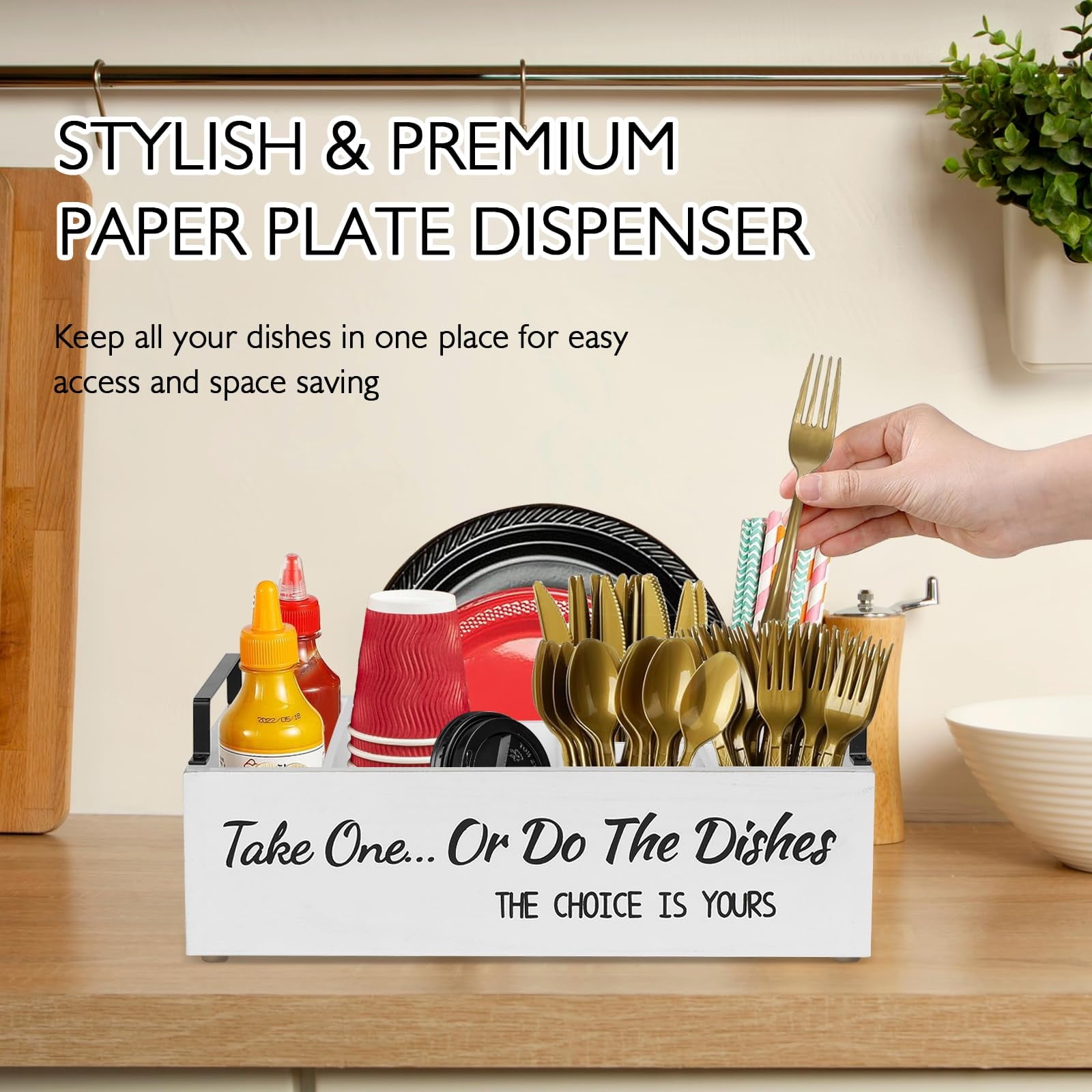 Paper Plate Dispenser, Paper Plate Holder for Kitchen Counter, Wood Rustic Silverware Utensil Caddy, Cutlery Flatware Organizer Box for Cups Spoons Forks Plates Napkins, Kitchen Accessories