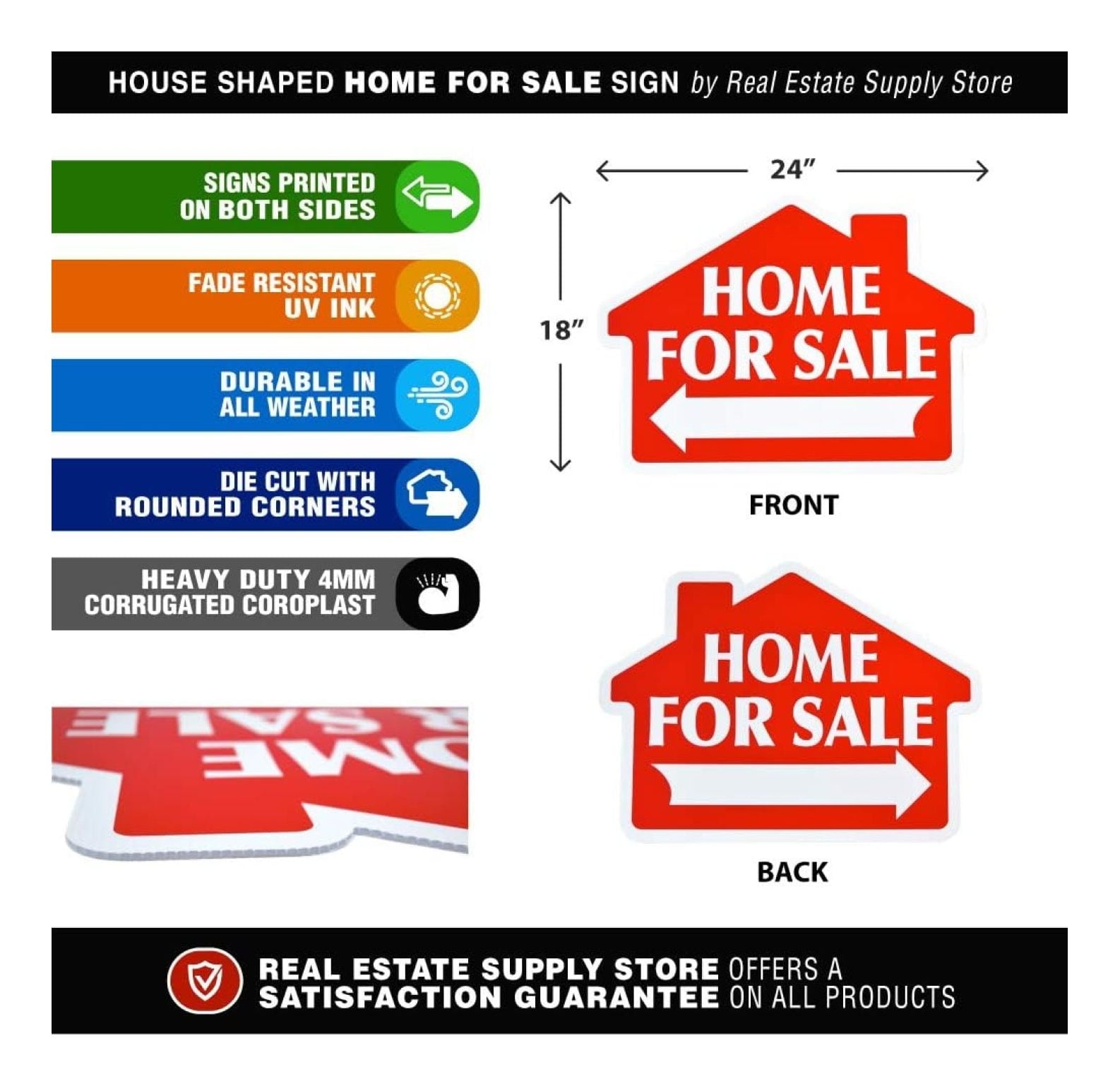 Home For Sale with Arrow Sign Kit, Die Cut House Shape and Yard Stands, Durable Corrugated Coroplast, UV , Real Estate Agent Supplies, 18x24 Signs + Yard Stakes (Red - Home For Sale (1)