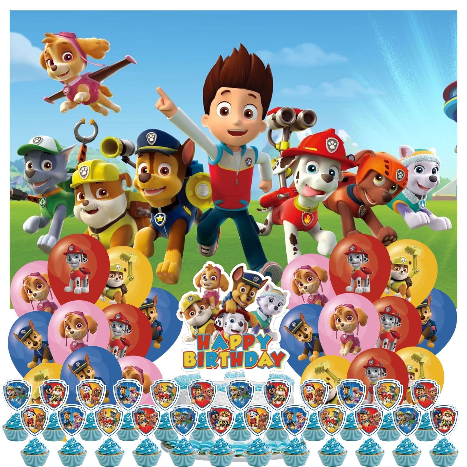 46-Pcs For Paw Cartoon For Patrol-Themed Party Decoration Set – Includes Backdrop, Cake Topper, 24 Cupcake Toppers, and 20 Balloons for Festive Celebrations