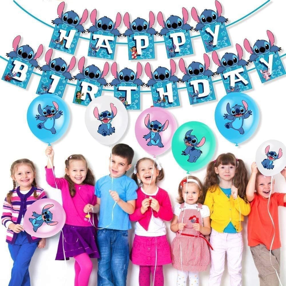 Stitch Party Supplies Happy Birthday Decorations Set Include Banner, Balloons, Stickers, Hanging Swirls, Cake Cupcake Toppers, Tablecloth for Boys Girls Cartoon Theme Party