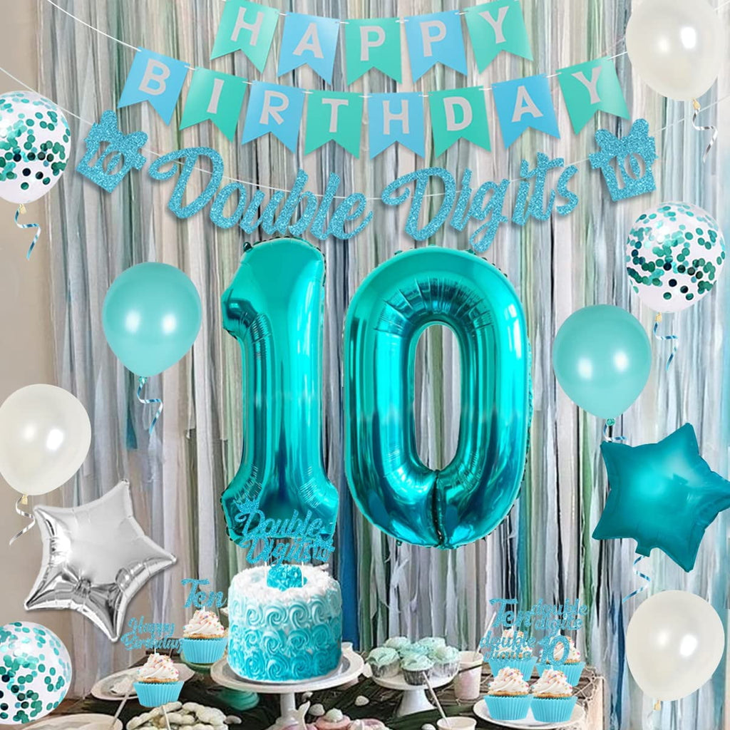 Joymemo 10th Birthday Decorations for Girls Balloons and Cake Toppers, Teal and Turquoise s