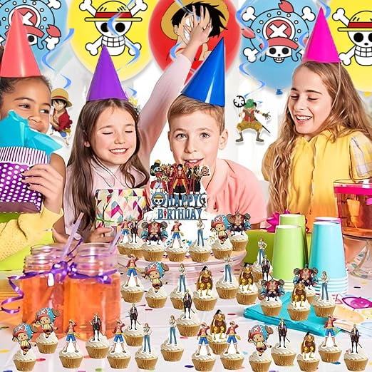 One Piece Birthday Party Decorations Include Happy Birthday Banner, Cake Topper, Background,Patterned Balloons, One Piece Party Favors Supplies for Party Decorations